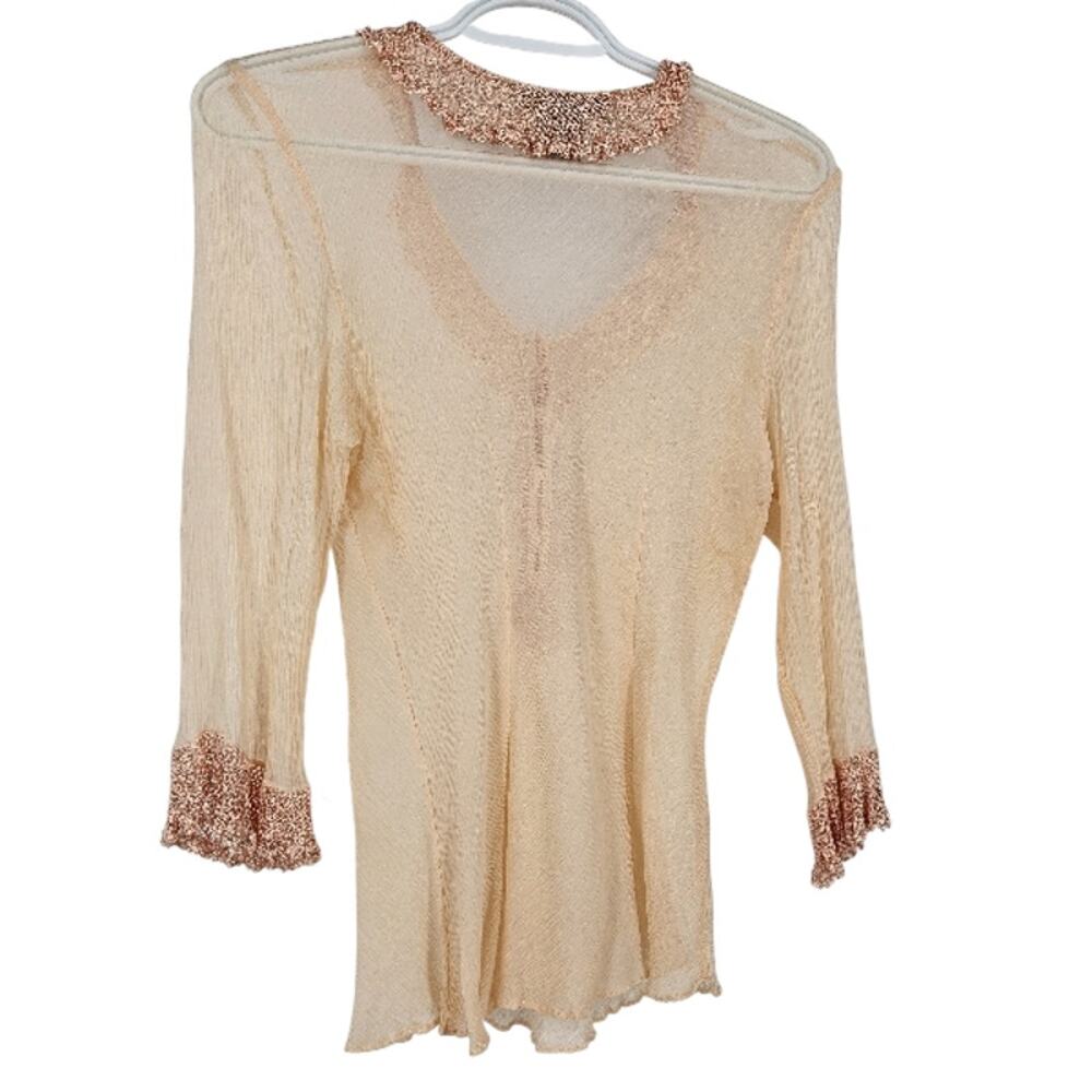 Vintage y2k ECI Blouse Top Orange 100% Silk Mesh Sheer Ruffle Crochet Size L - Picture 2 of 6